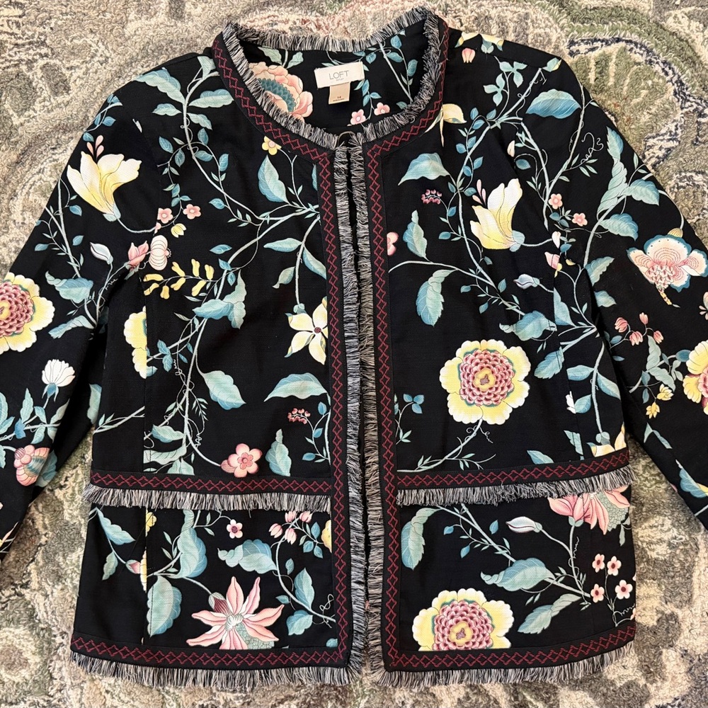 Loft Twill Black and Floral Jacket Blazer w/Fringe Edge Detailing 14 L XL